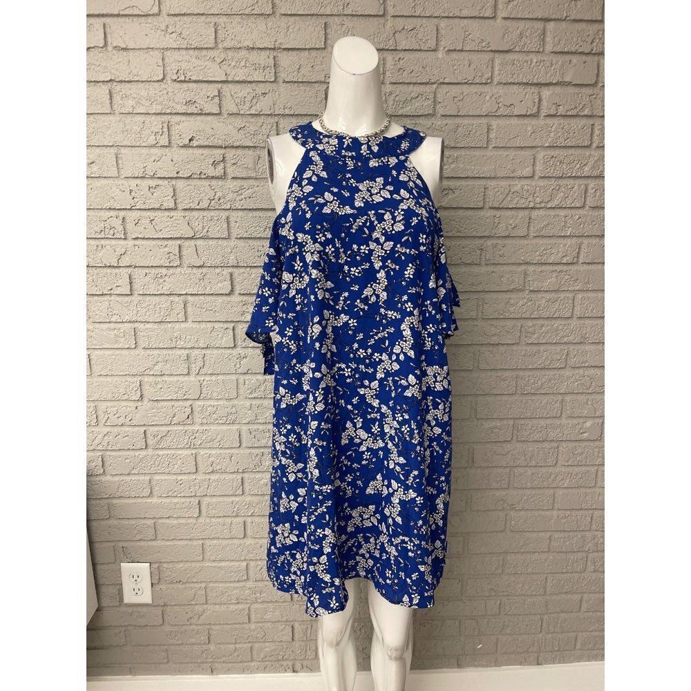 Solgee Royal Blue Floral Cold Shoulder Dress Size M